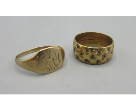 Yellow gold gents signet ring with engraved initials to face, hallmarks worn, and a 9ct yellow gold band ring with star engra