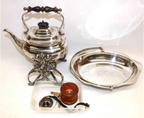 EPNS dish and EPNS kettle with spirit burner, treen box, Ward Bros silver hallmarked thistle brooch, gold plated bangle, ladi