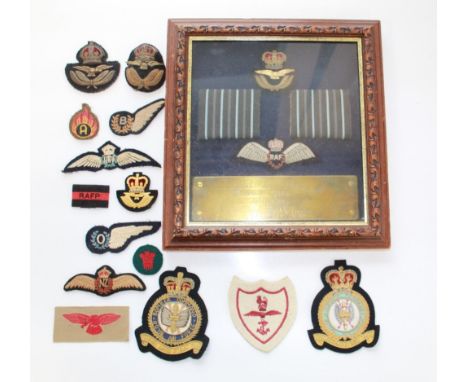 Collection of RAF cloth badges. Australian Wings, NZ Wings, Observer wing, cap badges etc. Framed set of Group Captain's epau