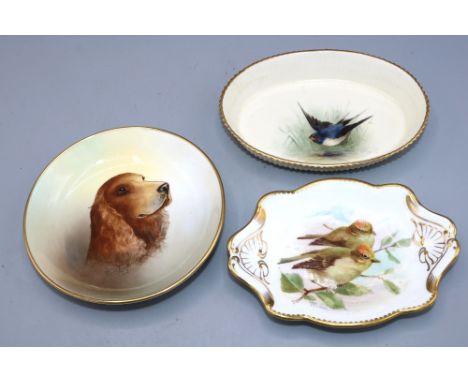 Three hand painted pin dishes, comprising Minton pin dish signed P. Gosling, Mintons dish decorated with two birds signed J.E