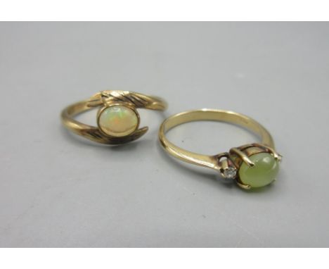 9ct yellow gold opal set ring, stamped 9ct, and a 14ct jade and diamond ring, stamped 14k, 4.8g