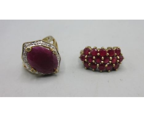 9ct yellow gold ring set with large ruby and white stones, size M1/2, and another 9ct yellow gold ring set with three rows of