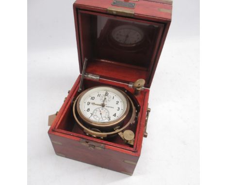 20th Century Soviet Era mahogany and brass bound two day ships chronometer, signed 4" silvered Arabic dial with running secon
