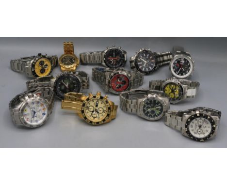 Fossil 100m stainless steel quartz chronograph wristwatch with date, signed black dial, three subsidiary dials, signed screw 