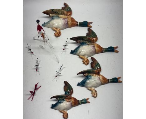 Four Beswick wall hanging ducks, models 596-1/2/3/4, A/F, and a Murano style coloured glass hunting group