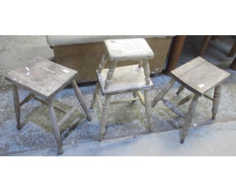 Four Vintage stools, rectangular tops on turned supports, W30cm D25cm H45cm (4)