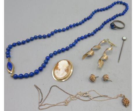 Lapis lazuli bead necklace with 9ct gold closure L51cm, cameo brooch set in 9ct yellow gold mount, pair of 9ct yellow gold sp