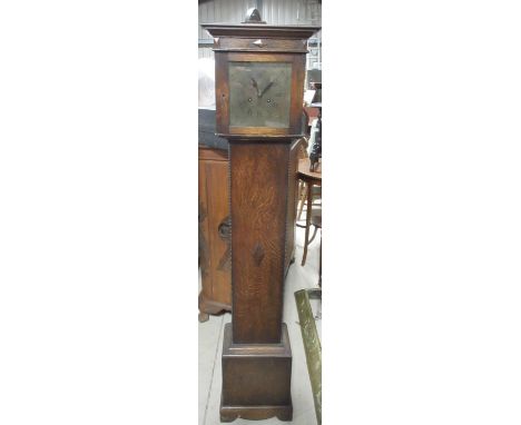 Small 20th century oak long case clock, with square brass Roman dial, twin train movement striking on rods, H147cm
