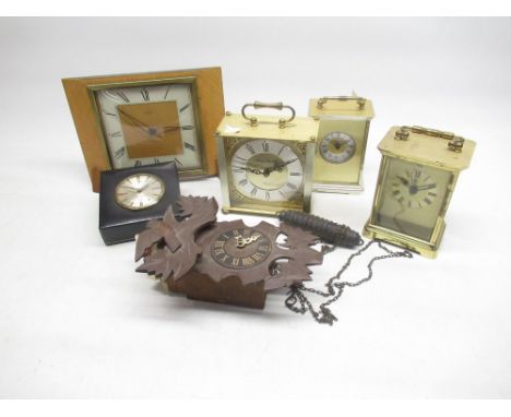 Smiths - 1950's 30 hour mantle timepiece with applied chapter ring, three quartz brass carriage clocks, Black Forest wall clo