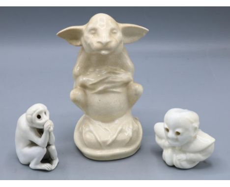 Bernard Moore 'Gazeka' porcelain grotesque figure, 'Daikokan', and a monkey, white glazed, unsigned, max. H14cm (3)