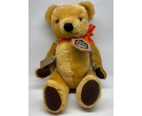 Chad Valley Chiltern blonde mohair teddy bear with orange ribbon and original paper tag, H45cm