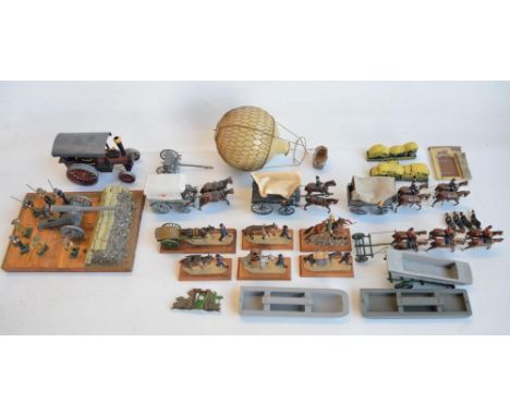 Collection of competently home painted metal figures and diorama accessories and dioramas to include horse drawn wagons, 6x s