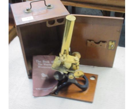 20th century Watson brass microscope, in mahogany case with instructions, lacks ocular lens