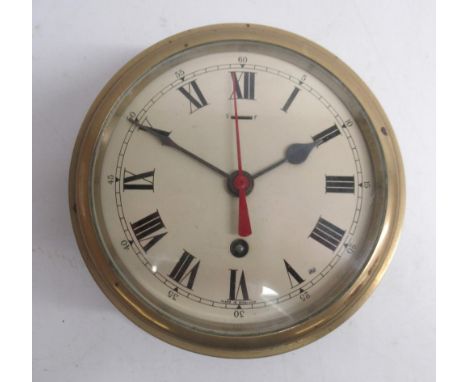 20th Century English Made brass ships bulkhead clock, turn off bezel, 6" cream painted Roman dial, centre seconds, D22cm