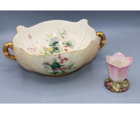 Royal Worcester blush ivory bowl no. 1435,D28cm, and small pink flower form vase no. 3204, H7.5cm (2)