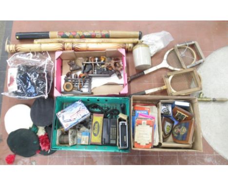 Large mixed collection of items inc. 2 pipe racks, selection of military caps, tennis rackets, didgeridoos and rain stick, or