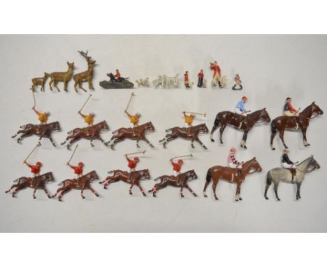 Collection of eight cast metal Polo players from RP Models, 4x jockeys with horses, a deer family  from F Poeth, a W. Britain