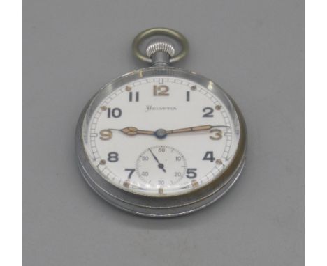 Helvetia WWII British Military Issue chrome plated keyless pocket watch, signed white enamel Arabic dial with subsidiary seco
