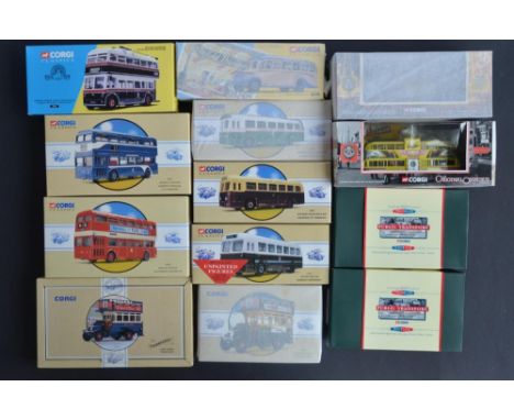 Thirteen diecast bus and Balloon tram models from Corgi, mostly 1/50 scale including 4 unopened/factory tissue wrapped exampl