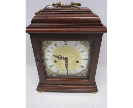 Comitti London retailed by Inglis &amp; Son York, George III style mahogany bracket clock, caddy top with brass swing handle,