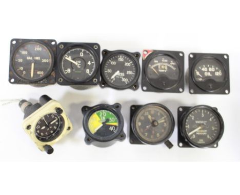 Collection of Air Ministry  cockpit dials from various aircraft and eras. Mercury gauge, oil pressure, 8 day clock, Fuel gaug