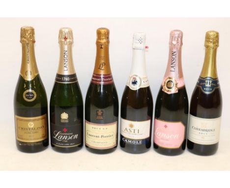 Two bottles Lanson champagne, one bottle Laurent-Perrier champagne, and three bottles of sparkling wine, all 75cl (6)