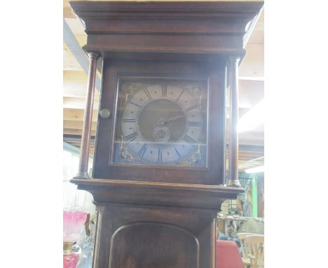 John Ogden Darlington oak long case clock, signed 10'' square brass dial with silvered Roman chapter, single hand and date ap
