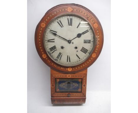 Superior walnut drop dial wall clock, inlaid Tunbridge ware case, 12" painted Roman dial, two train movement striking on a be