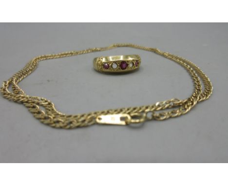 18ct yellow gold ring set with rubies, AF, stamped 18, 2.4g, and a 9ct yellow gold chain necklace, stamped 375, 2.8g