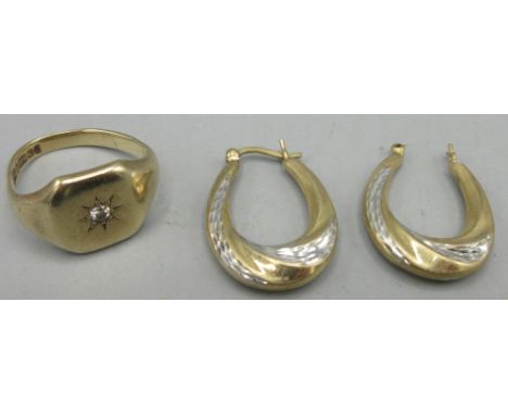 9ct yellow gold signet ring set with singular diamond, stamped 375, band warped size approximately M, pair of 9ct yellow and 