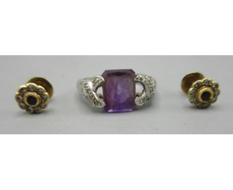 14ct yellow gold ring set with purple stone, stamped 585, size N, 3.0g, and a pair of 18ct yellow gold screw back diamond and