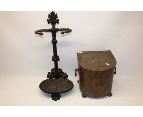 Modern Victorian style cast metal stick stand, H66cm, and a copper coal bin, H31cm (2)
