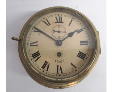 Smith Empire brass ships bulkhead clock, signed 6" cream painted Roman dial, subsidiary seconds, reverse stamped C S, D20.7cm
