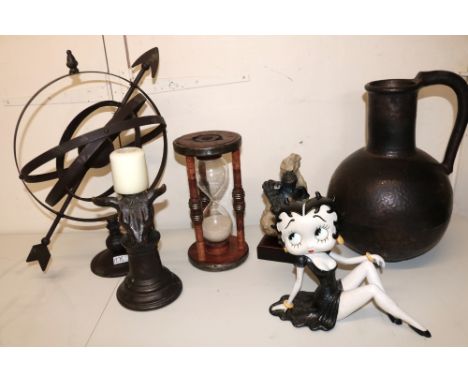 Collection of decorative items, incl. a mill bobbin sand timer, H30cm, armillary sphere, Betty Boop figure, candlestick, larg