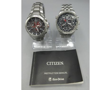 Citizen Eco-Drive stainless steel chronograph wristwatch with date, signed block dial, three subsidiary dials, chronograph se
