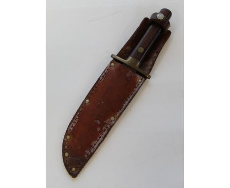 Vintage wooden-handled bowie knife with leather sheath in the style of William Rodgers. Blade L15cm