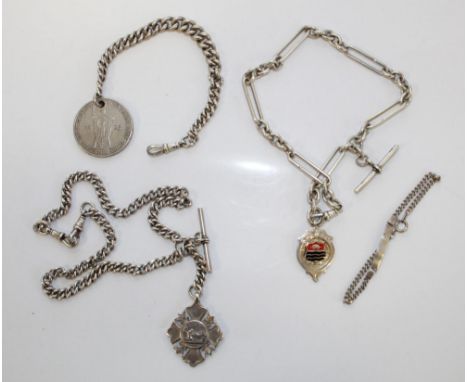 Silver enamelled award fob, engraved 'George Graham B.&amp;D.C.C.A 1920' on a silver albert chain, silver medallion on silver