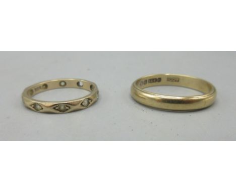 9ct yellow gold band ring, stamped 375, size O1/2, 2.5g, and a yellow metal ring with worn stamp, size J1/2, 1.5g