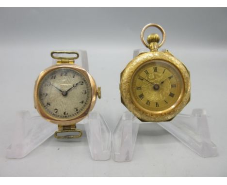 Swiss 9ct gold keyless pin set fob watch, engraved gold tone dial, Roman chapter ring, bright cut case with hinged case back 