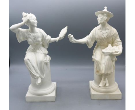 Pair of Royal Worcester white biscuit porcelain figures modelled by Azori, Le Panier 3585, and Le Mirror 3588, max. H30.5cm (
