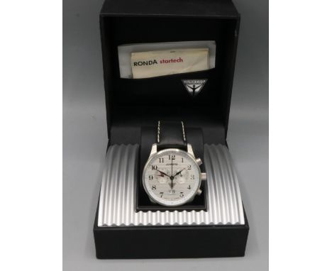 Junkers stainless steel quartz chronograph wristwatch with date, signed dial, two subsidiary dials, chronograph seconds, sign