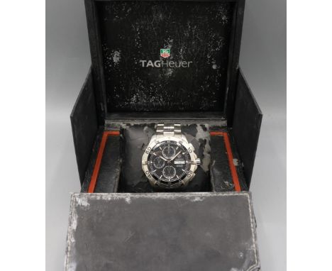Tag Heuer Aquaracer stainless steel automatic chronograph wristwatches with day date, signed black dial, three subsidiary dia