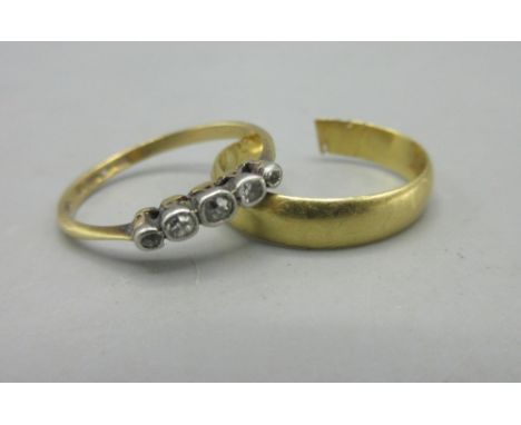 18ct yellow gold ring A/F, stamped 750, and an 18ct yellow gold ring set with diamonds in rub over white metal mount, stamped