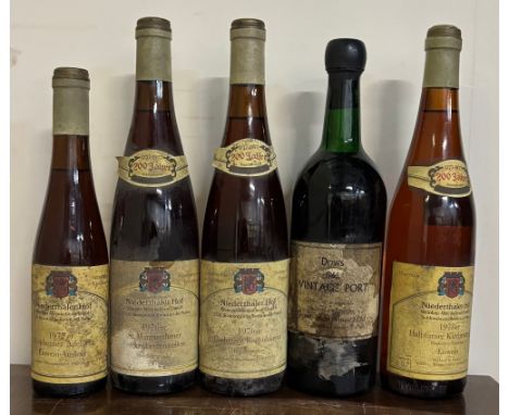 Dows 1966 vintage port, and four bottles of 1970s Niederthaler Hof German white wine, labels A/F (5)