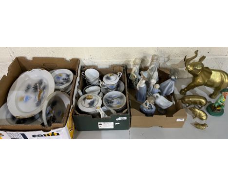 Collection of Kutani Japanese dinner and teaware, large brass elephant, other brass ornaments, Nao figures, Lladro style figu