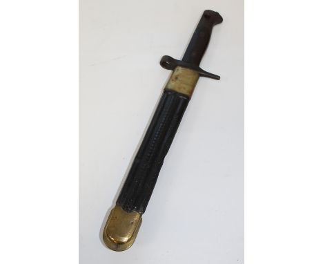 Italian M1871 knife bayonet with original brass-mounted leather scabbard, stamped 'Terni' to ricasso. Blade L24cm