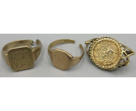 9ct gold St George coin in a 9ct yellow gold ring mount, 9ct rose gold signet ring and a 9ct rose gold signet ring, all rings