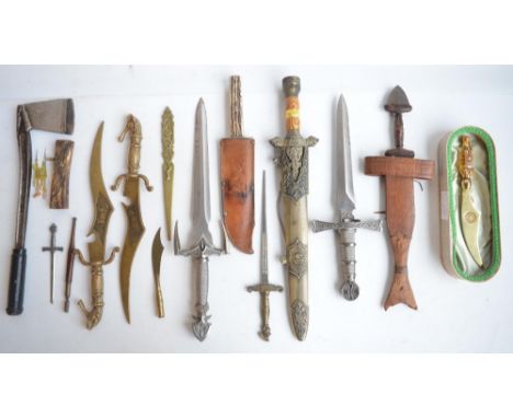 Collection of knives (to include fantasy), letter openers, a homemade axe, etc.