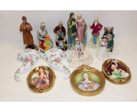 Collection of Royal Doulton and Coalport figures, three Wedgwood Gainsborough ladies portrait plaques, and a pair of Royal Wo