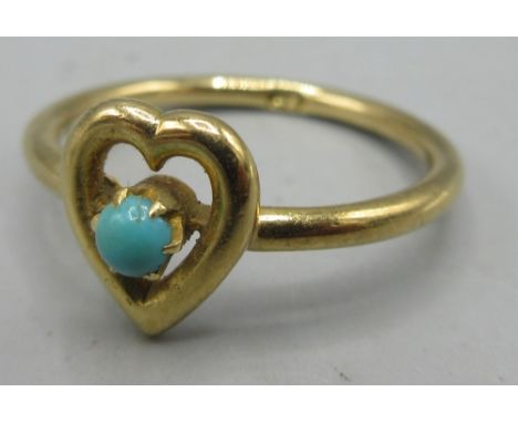18ct yellow gold ring, heart shaped face set with singular turquois, stamped 18, size L, 2.6g